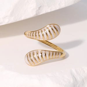 French vintage gold spiral open ring with white enamel finish and striped details