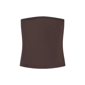 Detailed view of dark brown elastic knit tube top showing fabric texture and seamless design