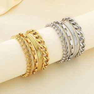 Minimalist 18K gold plated and silver stainless steel chain bracelet set for women