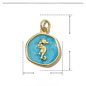 Blue enamel seahorse pendant detail with dimensions 14x20mm in copper gold plating