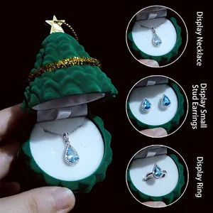 Christmas tree shaped flocked jewelry box for rings and necklaces with golden star detail