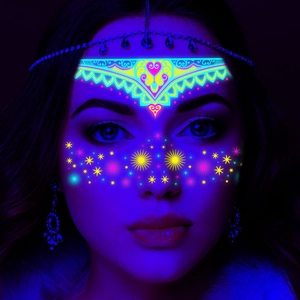 Neon fluorescent facial tattoos for music festivals shown under UV light on a model