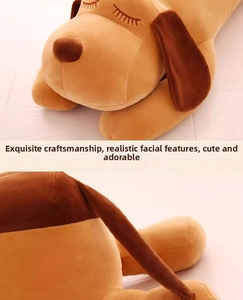 Close-up of the plush dog toy showing detailed facial embroidery and soft brown fur