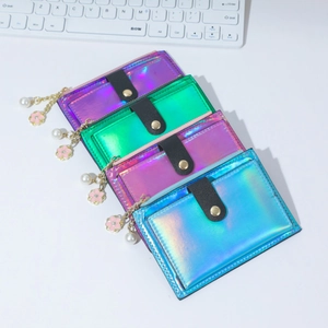 Laser holographic multi-slot card holder wallet with cherry blossom pearl charms