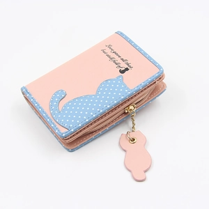 Short pink women's wallet featuring a blue polka dot cat silhouette and matching cat pendant