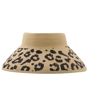 Detailed view of beige straw sun visor featuring a stylish black leopard print pattern