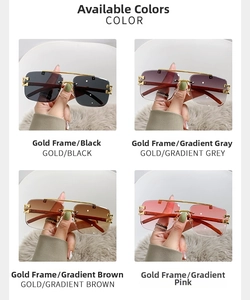 Detail of square rimless aviator sunglasses with gold metal frame and wood temples