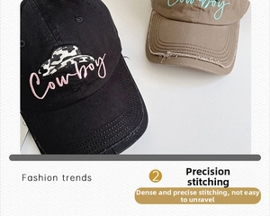 Close-up of precise stitching and Cowboy embroidery on cotton canvas baseball caps