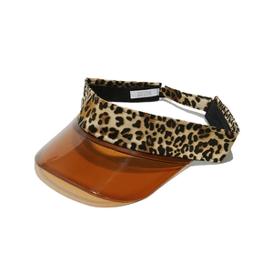 Detail view of leopard print visor headband with 100% polyester wash label inside
