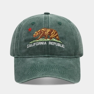 Detail of California Republic bear embroidery on washed cotton baseball cap