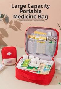 Detail view of large and small red emergency medical bags with clear mesh pockets