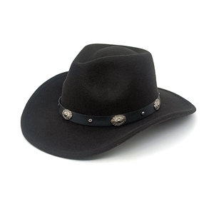 Detail view of black wool cowboy hat featuring a leather band with vintage metal ornaments