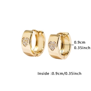 Detail view of gold hoop earrings with mini zircon heart inlay showing 0.9cm inner diameter