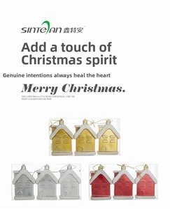 Three-pack of house-shaped Christmas ornaments in gold, silver, and red metallic finishes