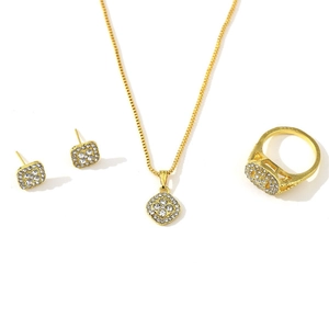 Minimalist square diamond jewelry set including necklace earrings and adjustable ring in gold