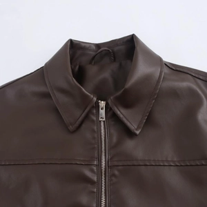 Vintage brown faux leather aviator jacket with turn-down collar and metal zipper