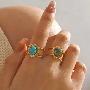 Vintage Stainless Steel Natural Stone Open Ring For Women French Style Adjustable Turquoise African Pine Geometric Ring