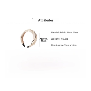 Detailed view showing dimensions 15cm x 14cm and 46.5g weight of braided crystal headband
