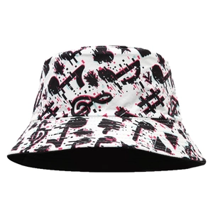 Retro digital music note print bucket hat with reversible black inner side for outdoors
