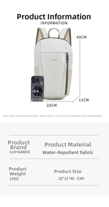 Detail view of lightweight cream backpack features water-resistant fabric and size guide