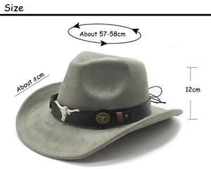 Detailed size guide of grey faux suede cowboy hat with bull head ornament and wide brim
