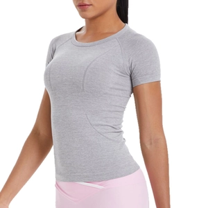 T-shirt de sport sans couture gris pour femme idéal pour yoga et fitness gym