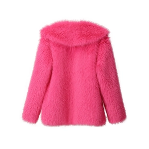 Back view of a fluffy rose red faux fur coat showing soft texture and long-hair material