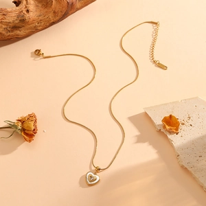 Elegant 18K gold plated stainless steel snake chain necklace with a diamond heart pendant