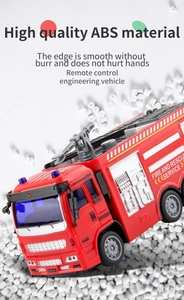 Detail view of red remote control fire truck made from high-quality ABS plastic materials