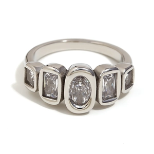 Silver 316L stainless steel ring featuring five geometric clear zircon stones