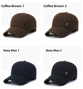 Detail display of winter men's baseball caps in coffee and navy blue with embroidered logos