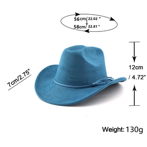 Detail view of peacock blue suede cowboy hat with fringe tassel and size specifications