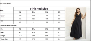 Size chart showing bust and length measurements in cm and inches for V-neck party dresses