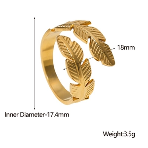 Adjustable golden feather ring in stainless steel with dimension and weight details