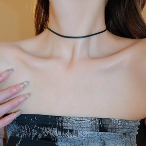 Minimalist black faux leather choker necklace for women with a sleek geometric fashion design