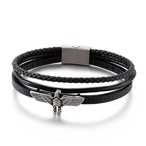 Bracelet multicouche en cuir noir pour homme avec aigle et fermoir magnétique