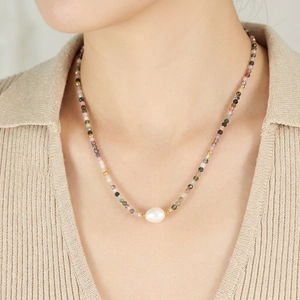 Tourmaline gemstone beaded necklace with large baroque freshwater pearl pendant