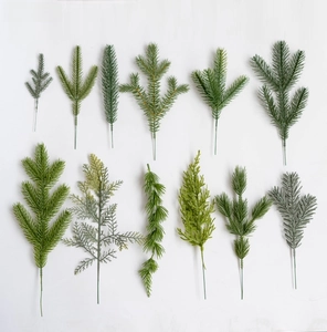 Detailed comparison of twelve assorted artificial pine branch styles for DIY Christmas crafts