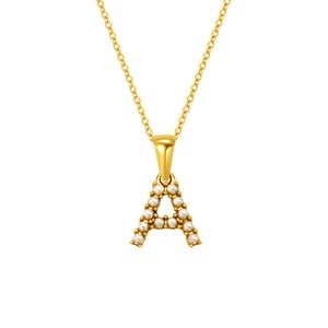 18K gold plated stainless steel initial A necklace with inlaid white pearls
