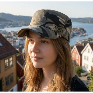 Gros plan sur une casquette militaire camouflage avec insigne étoile sur mannequin femme