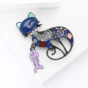 Fashionable blue enamel cat brooch with floral pattern and purple fishbone pendant
