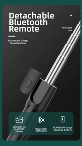 Detail of detachable Bluetooth remote shutter on adjustable selfie stick with metal rod