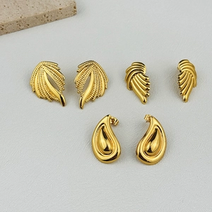 18K Gold Plated Stainless Steel Stud Earrings For Women Minimalist Geometric Feather Waterdrop Style With 925 Silver Post Jewelry