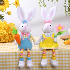 Easter plush bunny figurines with long beaded legs in pastoral style home decoration