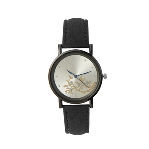 Elegant women's quartz watch with black leather strap and golden flower rhinestone dial