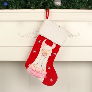 Red Christmas stocking with cute plush alpaca and white snowflake embroidery details