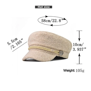 Size specifications for beige sherpa newsboy hat with dimensions and vintage button detail