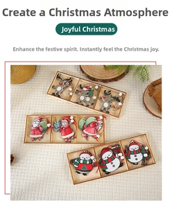 Three-grid box with wooden Santa, reindeer, and snowman ornaments for Christmas tree decoration