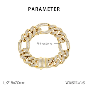 Detail of gold Cuban link bracelet with full rhinestone inlay and heavy duty square clasp