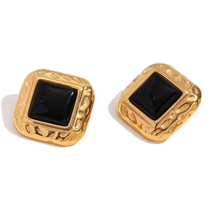 Vintage 18K gold plated stainless steel square stud earrings with hammered texture and black inlay
